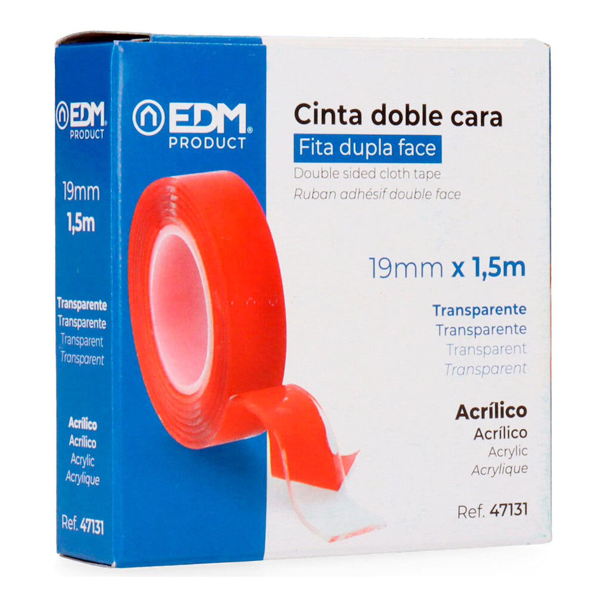 EDM Cinta Adhesiva Doble Cara Transparente 19mm x 1,5m – Cinta de Doble Cara para Instalación