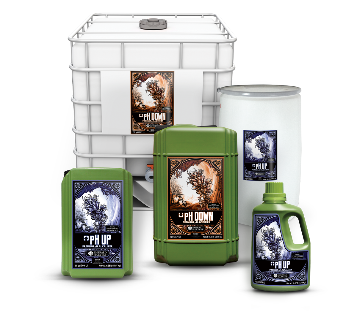Emerald Harvest pH Up y pH Down gama de formatos