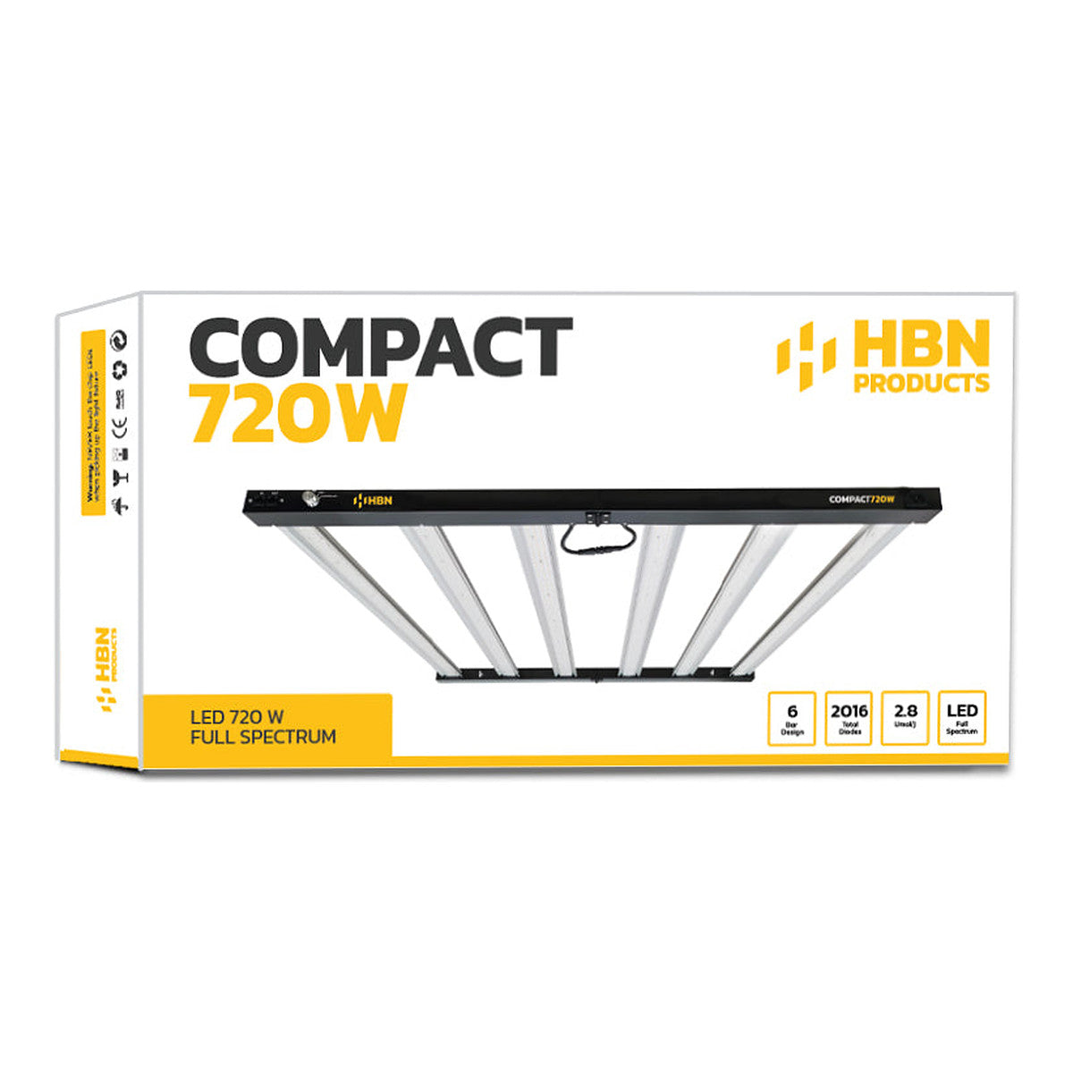 Caja y contenido Luminaria LED HBN 720W — cables RJ45, cable de alimentación y 4 trinquetes incluidos