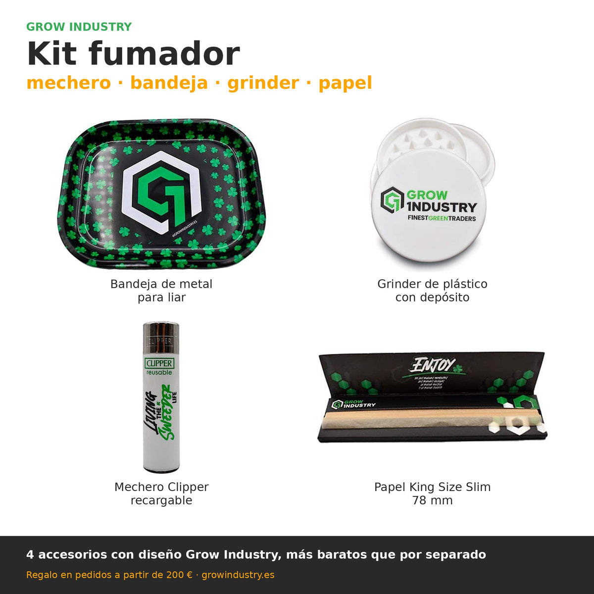 Kit fumador Grow Industry con bandeja de metal, grinder de plástico, mechero Clipper y papel King Size Slim