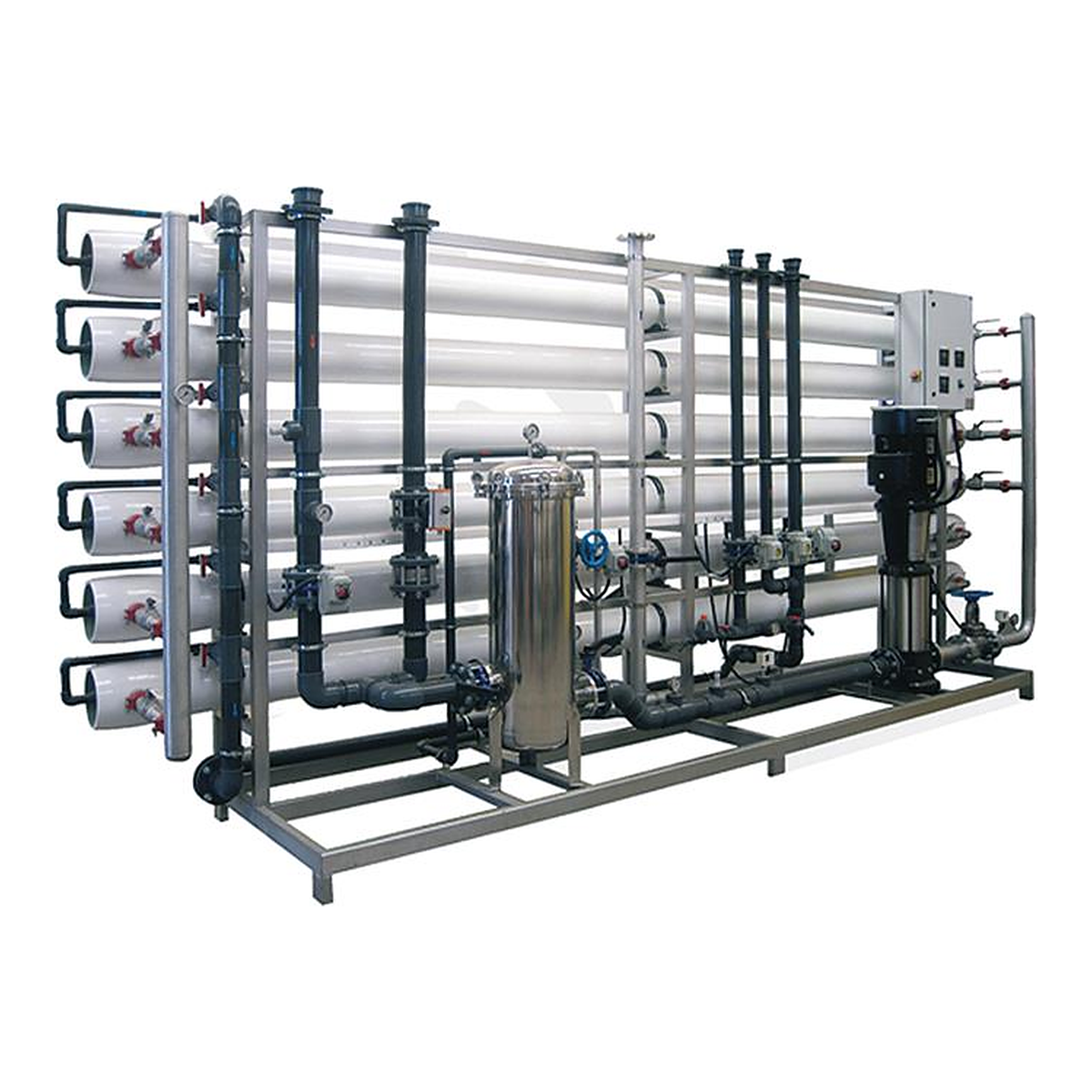 Detalle de bastidor, bombeo y membranas de la gama de ósmosis industrial Growmax Water GMP-S. Imagen genérica compartida por todas las capacidades; no corresponde a una configuración concreta.
