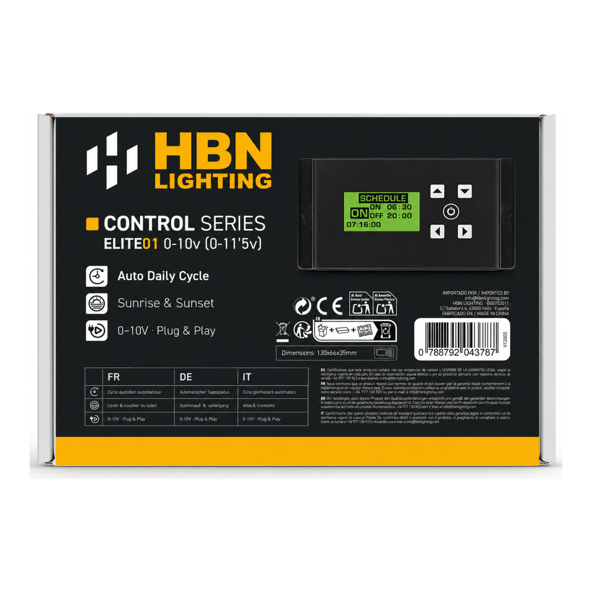 Control Basic Series HBN — vista con puertos de conexión y display para programación de ciclos de iluminación