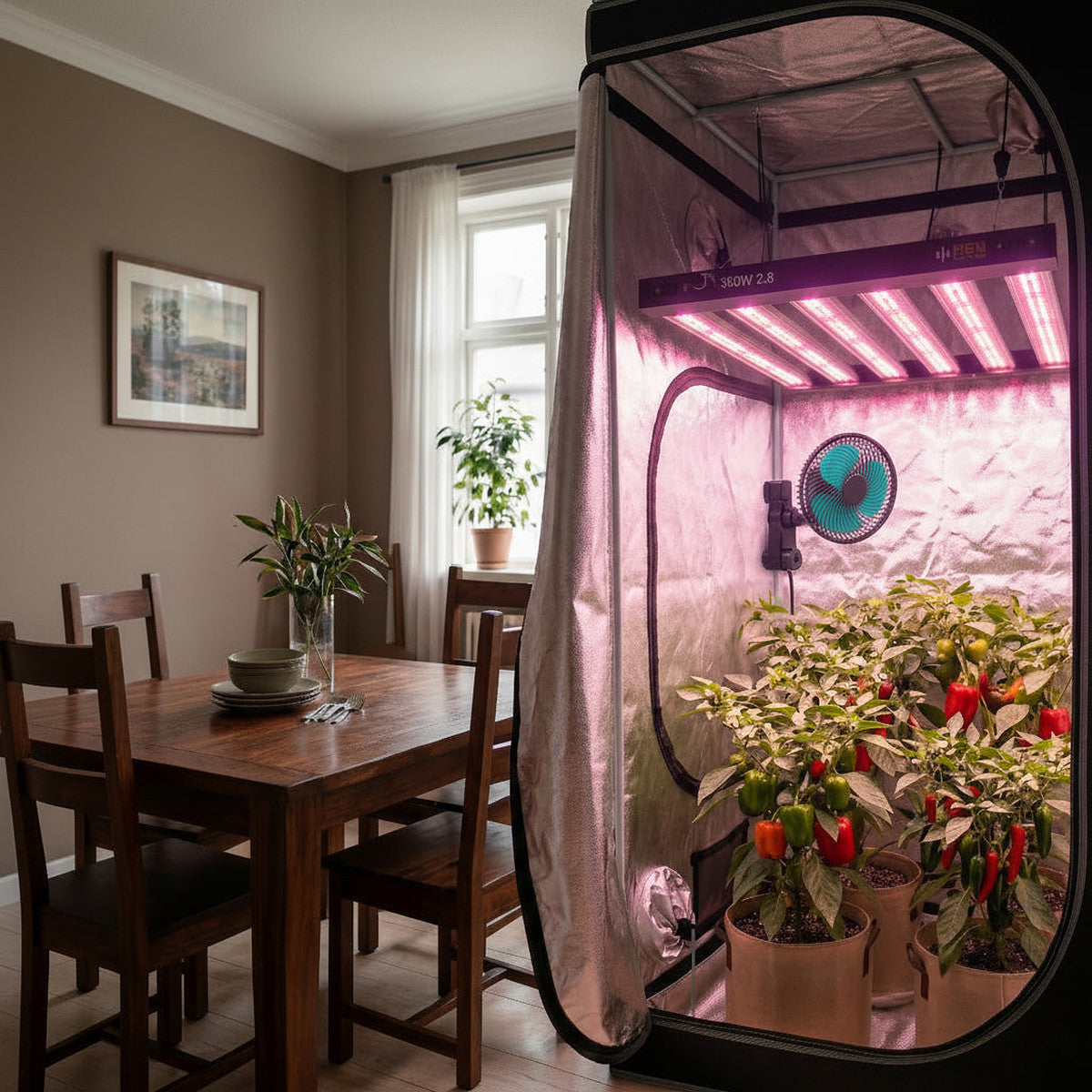 360W HBN Lighting LED luminaire installed in an indoor grow tent — vegetative and flowering phase