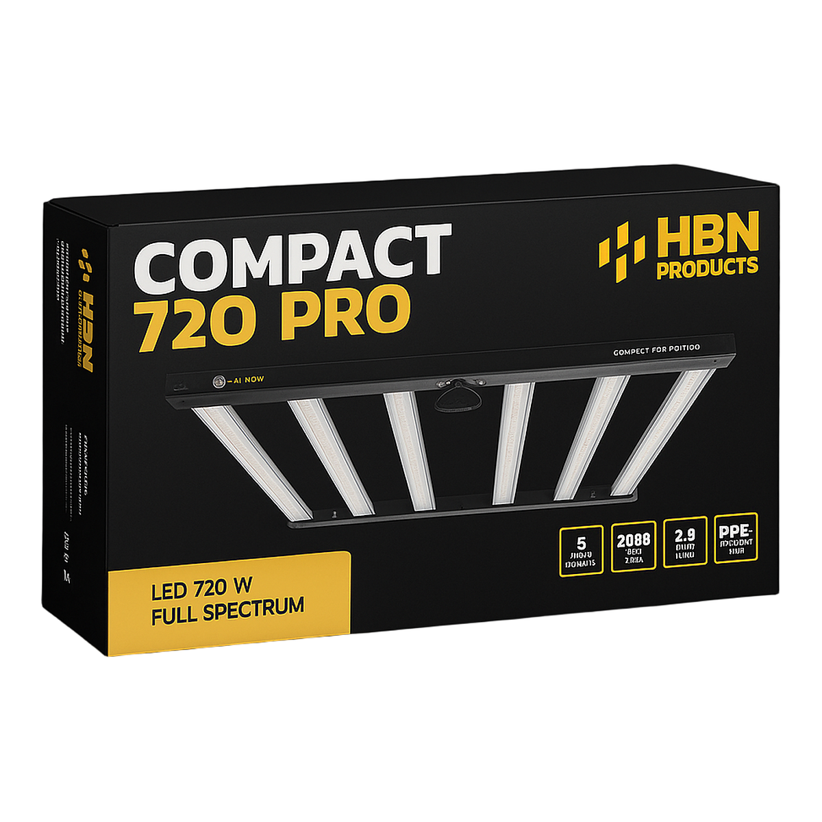 Caja y contenido Luminaria LED HBN Pro 720W — poleas, cable RJ11 y cable de alimentación incluidos