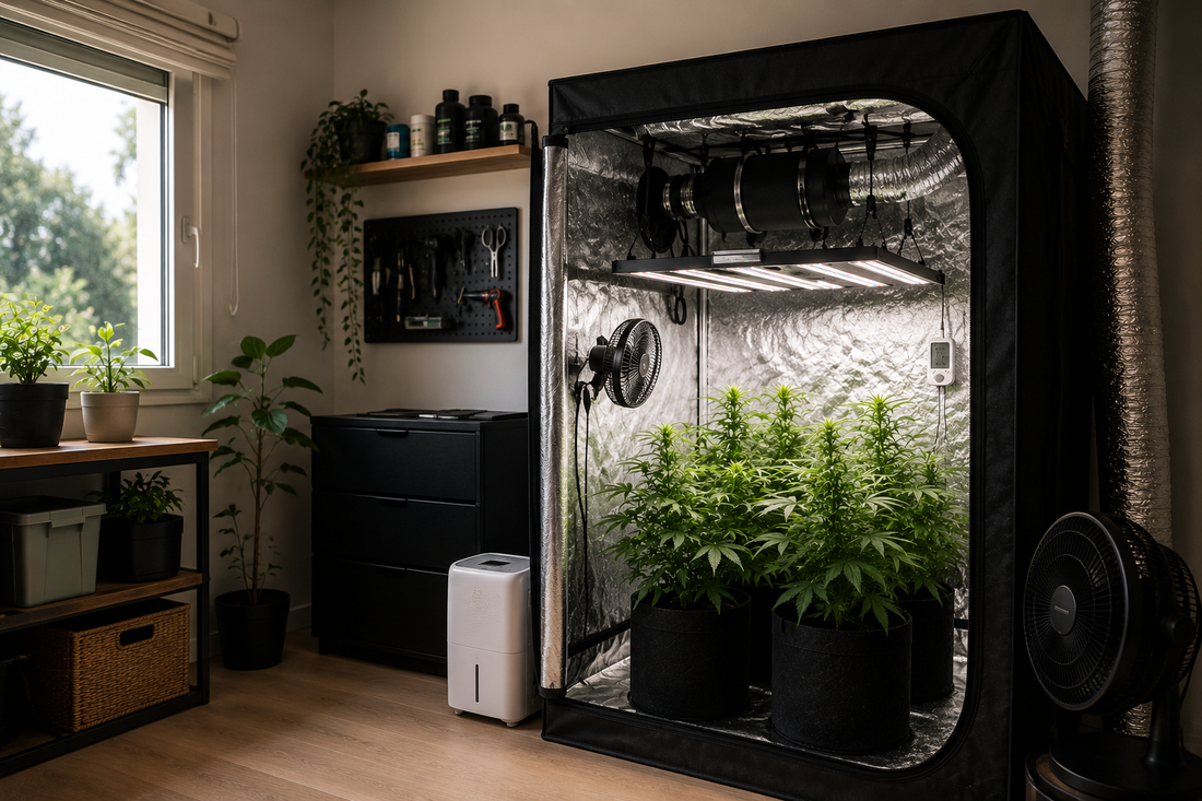 Armario de cultivo indoor de marihuana instalado en una habitación de casa con luz LED, ventilación y deshumidificador
