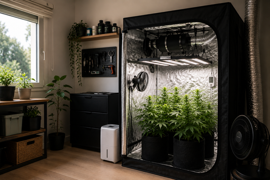 Armario de cultivo indoor de marihuana instalado en una habitación de casa con luz LED, ventilación y deshumidificador
