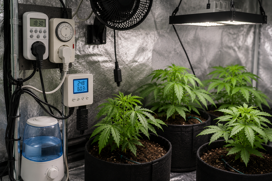 Cultivo indoor de marihuana con temporizadores, control de riego, humidificador y medidor de temperatura y humedad