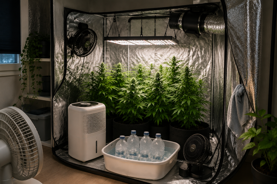 Armario de cultivo indoor de marihuana con luz LED, ventiladores, extractor y sistema de enfriamiento pasivo sin aire acondicionado