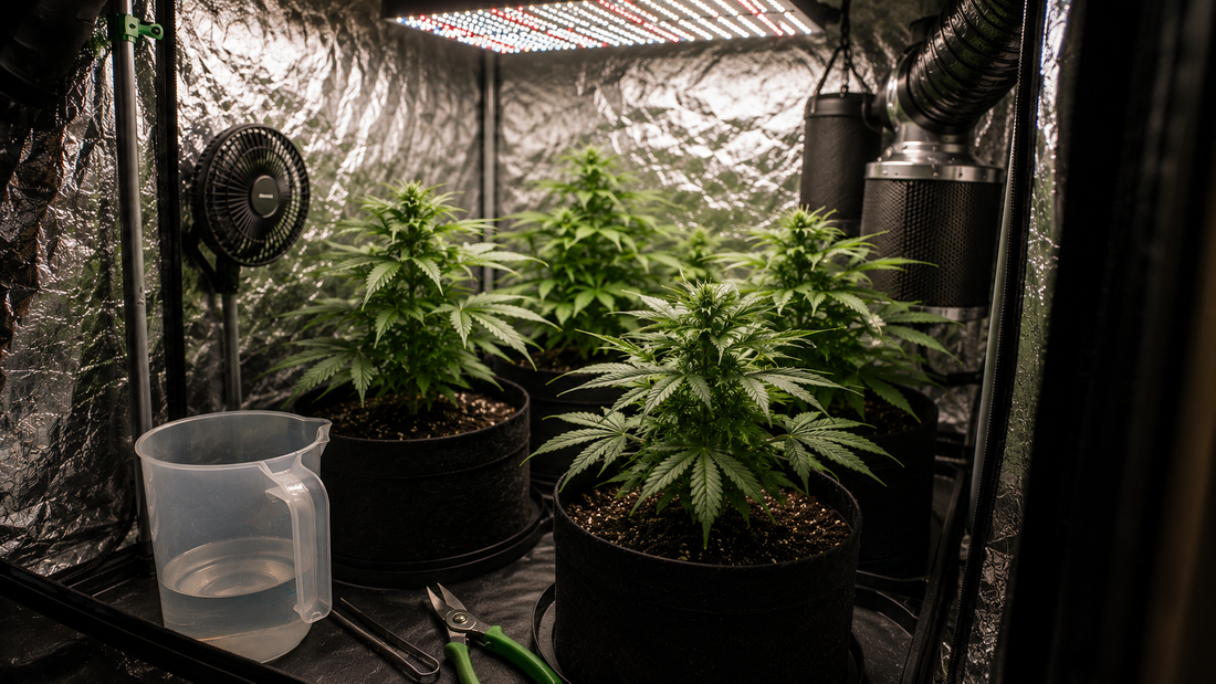 Armario de cultivo indoor de marihuana con plantas bajo luz LED, ventilación, extractor y herramientas de mantenimiento sin texto visible