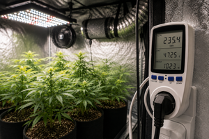 Medidor de consumo eléctrico conectado en un armario de cultivo indoor de marihuana con luz LED y ventilación