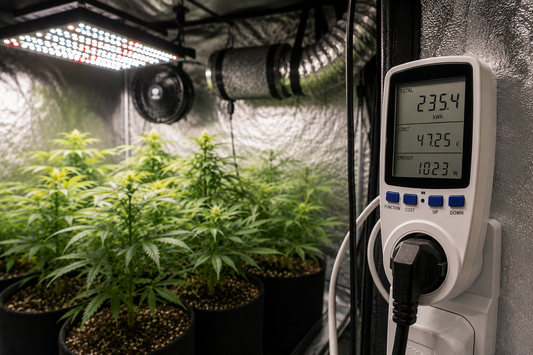 Medidor de consumo eléctrico conectado en un armario de cultivo indoor de marihuana con luz LED y ventilación