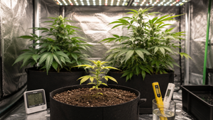 Planta de marihuana con crecimiento lento en cultivo interior junto a medidores de pH, EC y temperatura