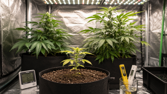 Planta de marihuana con crecimiento lento en cultivo interior junto a medidores de pH, EC y temperatura