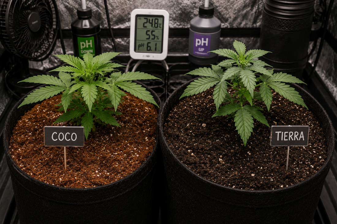 Comparativa de cultivo indoor de marihuana en sustrato de coco y tierra con medidores de pH y humedad