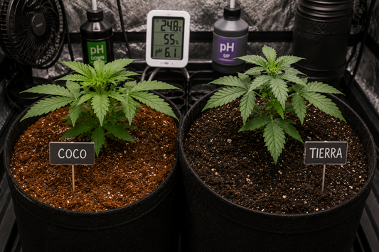 Comparativa de cultivo indoor de marihuana en sustrato de coco y tierra con medidores de pH y humedad