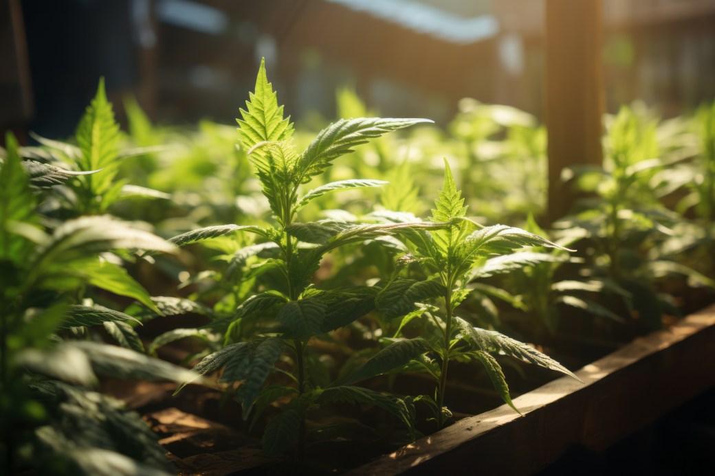macetas con plántulas de cannabis