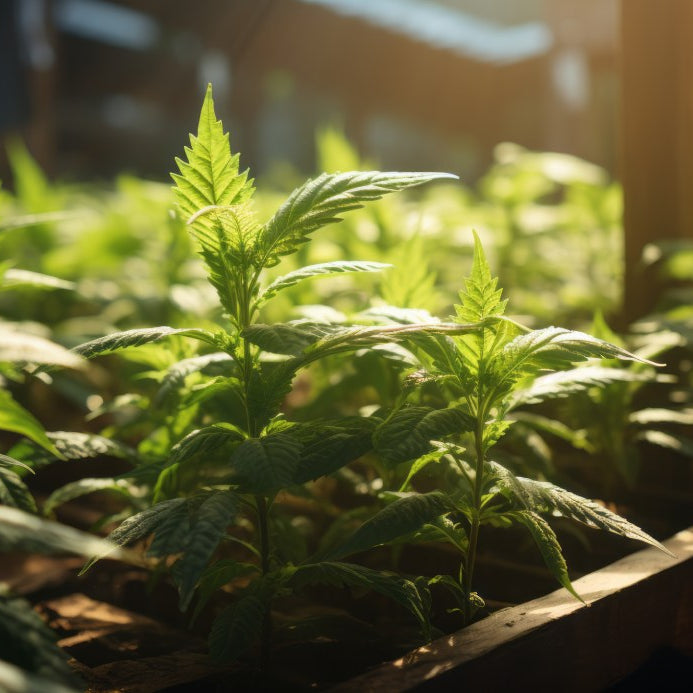 macetas con plántulas de cannabis