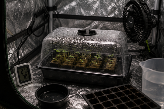 Propagador con plántulas de marihuana en germinación indoor con humedad controlada para evitar hongos en ambiente frío
