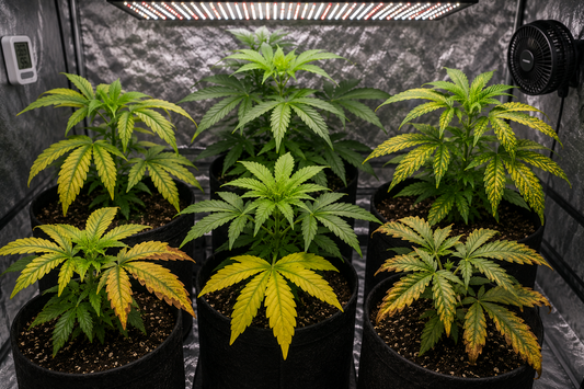 Plantas de marihuana en cultivo indoor con hojas amarillas y manchas por posibles carencias o excesos nutricionales