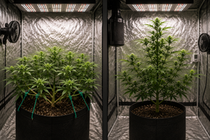 Comparativa entre una planta de marihuana entrenada con LST y otra con poda apical en cultivo indoor bajo luz LED