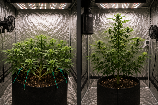 Comparativa entre una planta de marihuana entrenada con LST y otra con poda apical en cultivo indoor bajo luz LED