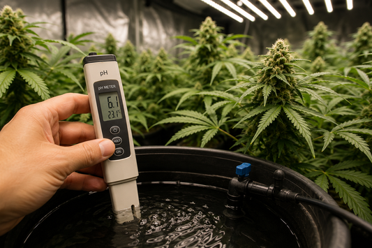 Medición del pH del agua de riego con medidor digital en un cultivo interior de marihuana bajo luces LED.