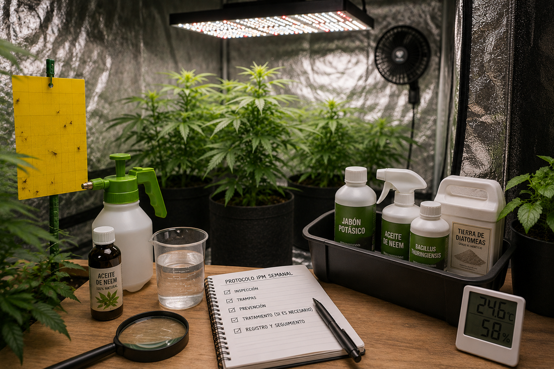 Cultivo indoor de marihuana con trampa adhesiva, pulverizador y productos de control de plagas para protocolo IPM semanal
