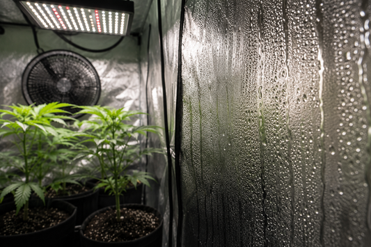 Condensación en las paredes de un armario de cultivo indoor con plantas de marihuana bajo luz LED