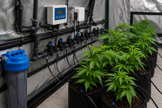 Cultivo indoor de marihuana con medidor de temperatura, humedad y VPD junto a ventilador y humidificador