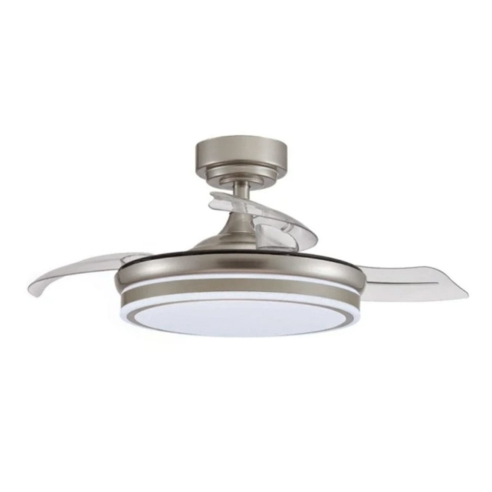 Cristalrecord Ventilador de Techo LED 3CCT Aspas Retráctiles Moss 72 W 7920 lm Níquel, Aspas Ø106 cm, Plafón Ø48,5 cm, Altura 32-42 cm