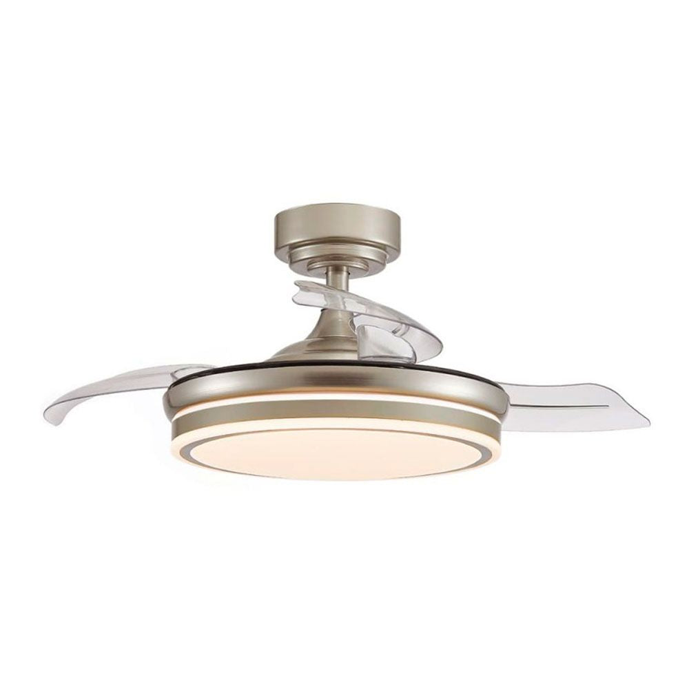 Cristalrecord Ventilador de Techo LED 3CCT Aspas Retráctiles Moss Mini 46 W 5520 lm Níquel, Aspas Ø92 cm, Plafón Ø39 cm, Altura 32-42 cm