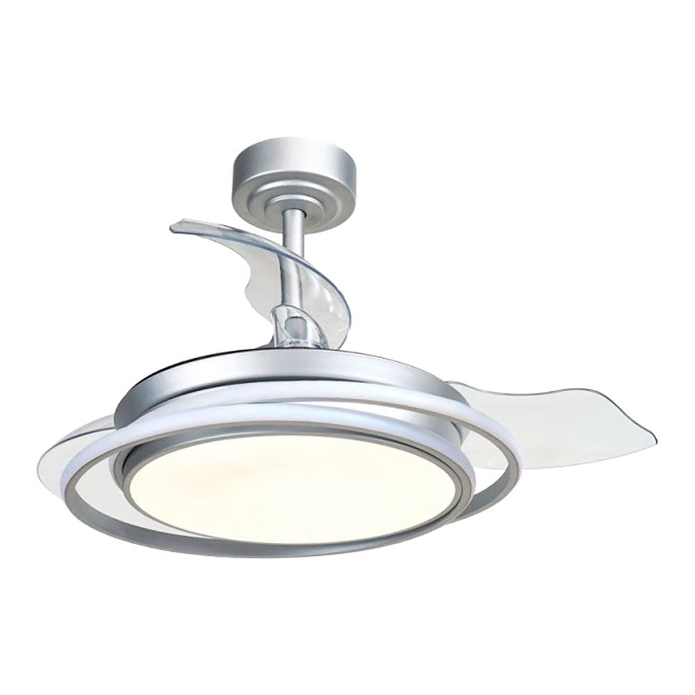 Cristalrecord Ventilador de Techo LED 3CCT Aspas Retráctiles Antila Mini 40 W 4000 lm Plata, Aspas Ø92 cm, Plafón Ø40 cm, Altura 38-48 cm