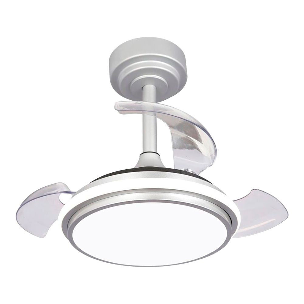 Cristalrecord Ventilador de Techo LED 3CCT Aspas Retráctiles Antila Mini XS 35 W 3000 lm Plata, Aspas Ø55 cm, Plafón Ø32 cm, Altura 38-48 cm