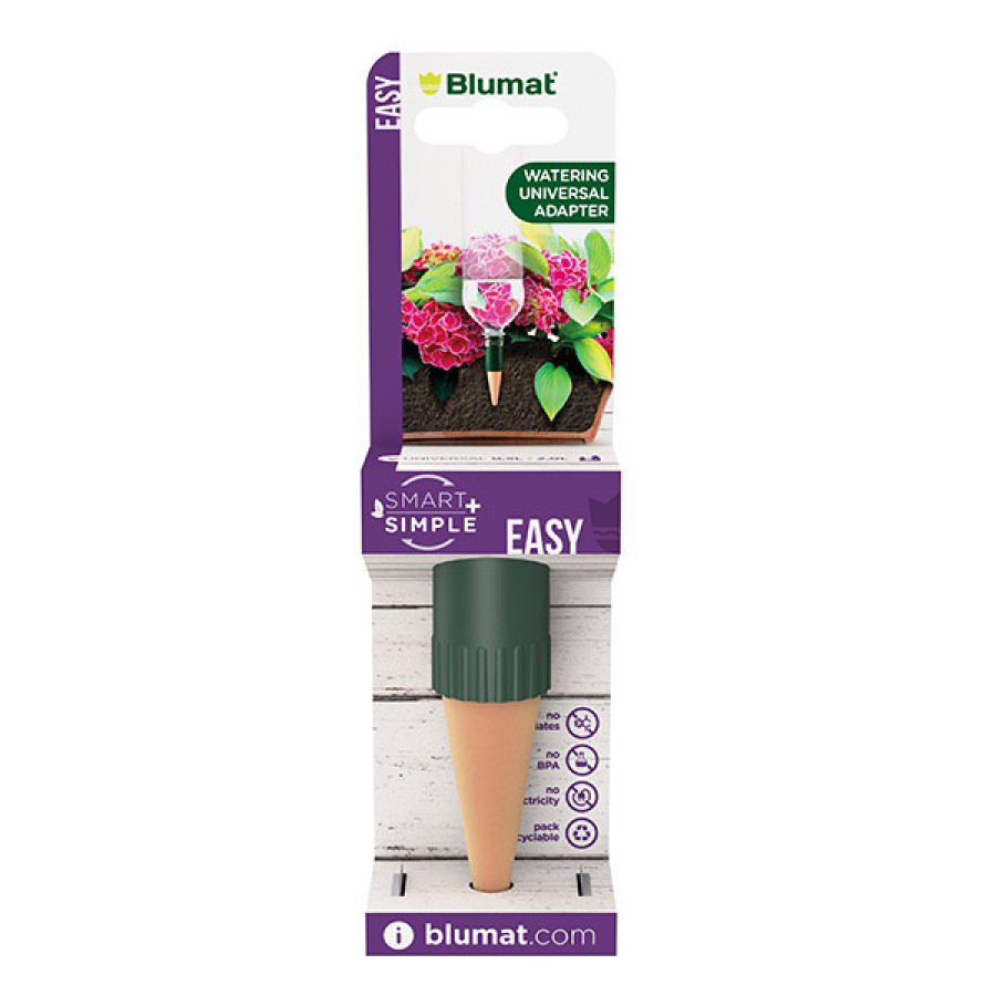 Blumat Easy 1 ud regando una planta desde una botella invertida