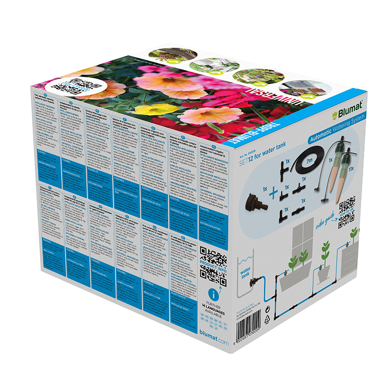 Esquema de montaje por gravedad del kit Tropf-Blumat Set 12 con deposito elevado