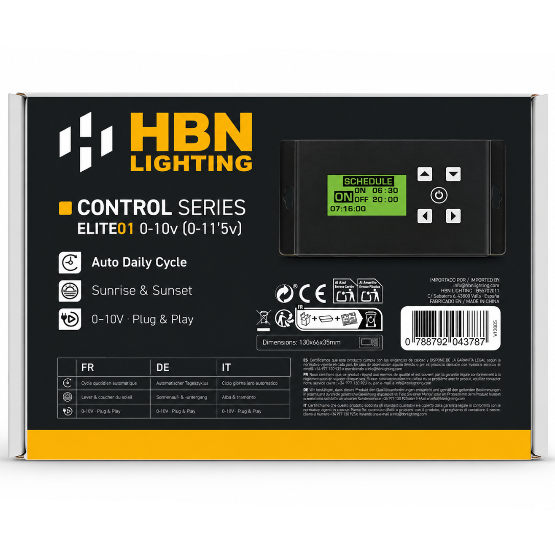 Control Basic Series HBN — vue avec ports de connexion et écran pour la programmation des cycles d'éclairage