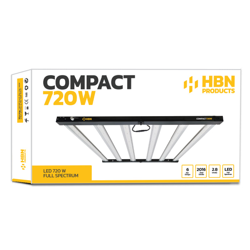Caja y contenido Luminaria LED HBN 720W — cables RJ45, cable de alimentación y 4 trinquetes incluidos