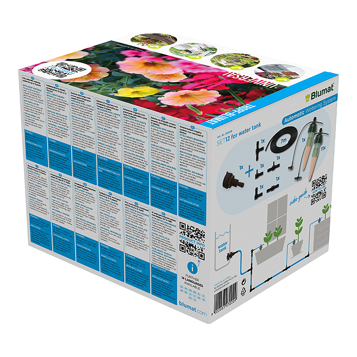 Esquema de montaje por gravedad del kit Tropf-Blumat Set 12 con deposito elevado