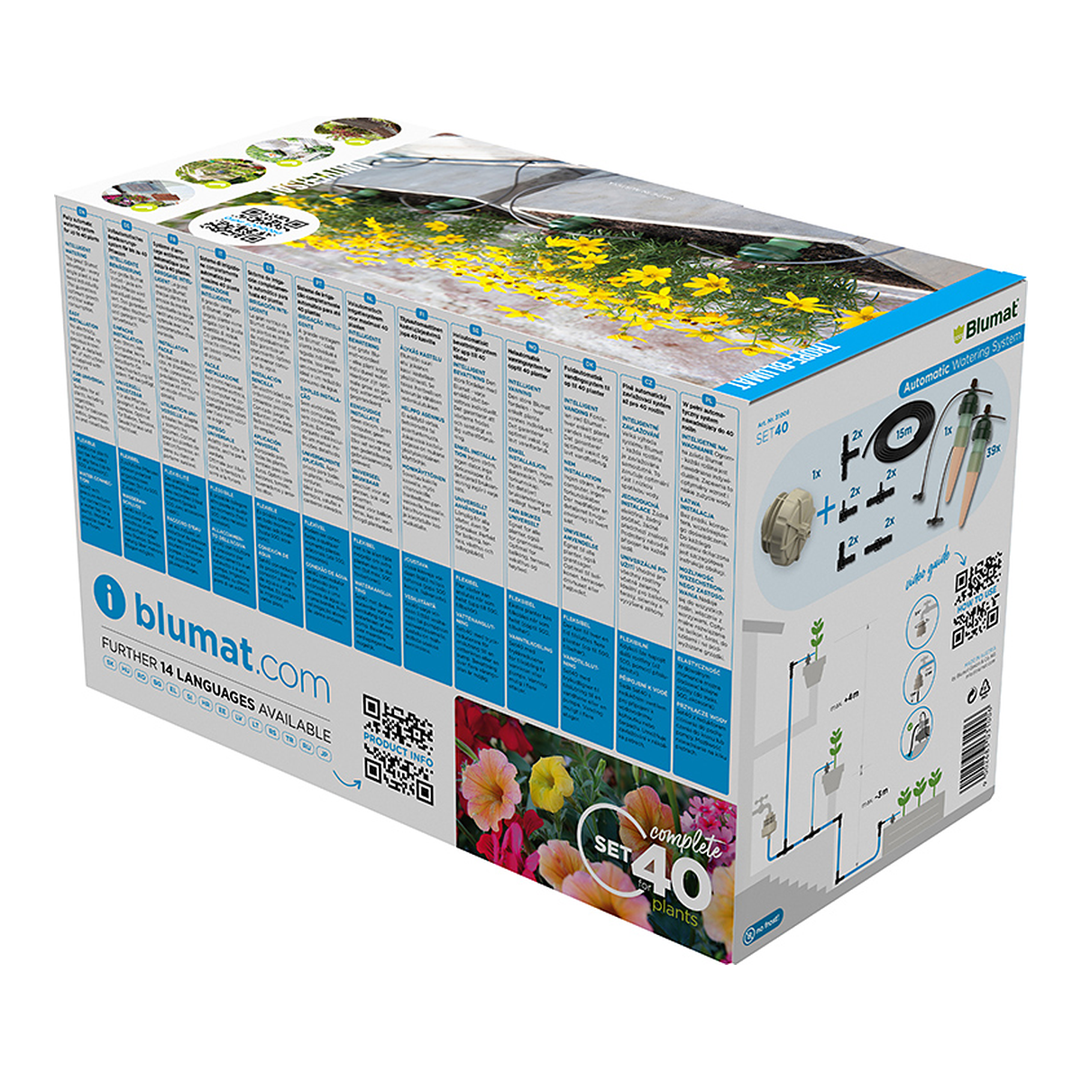 Contenido del kit Tropf-Blumat Set 40: sensores, tubo y reductor de presion