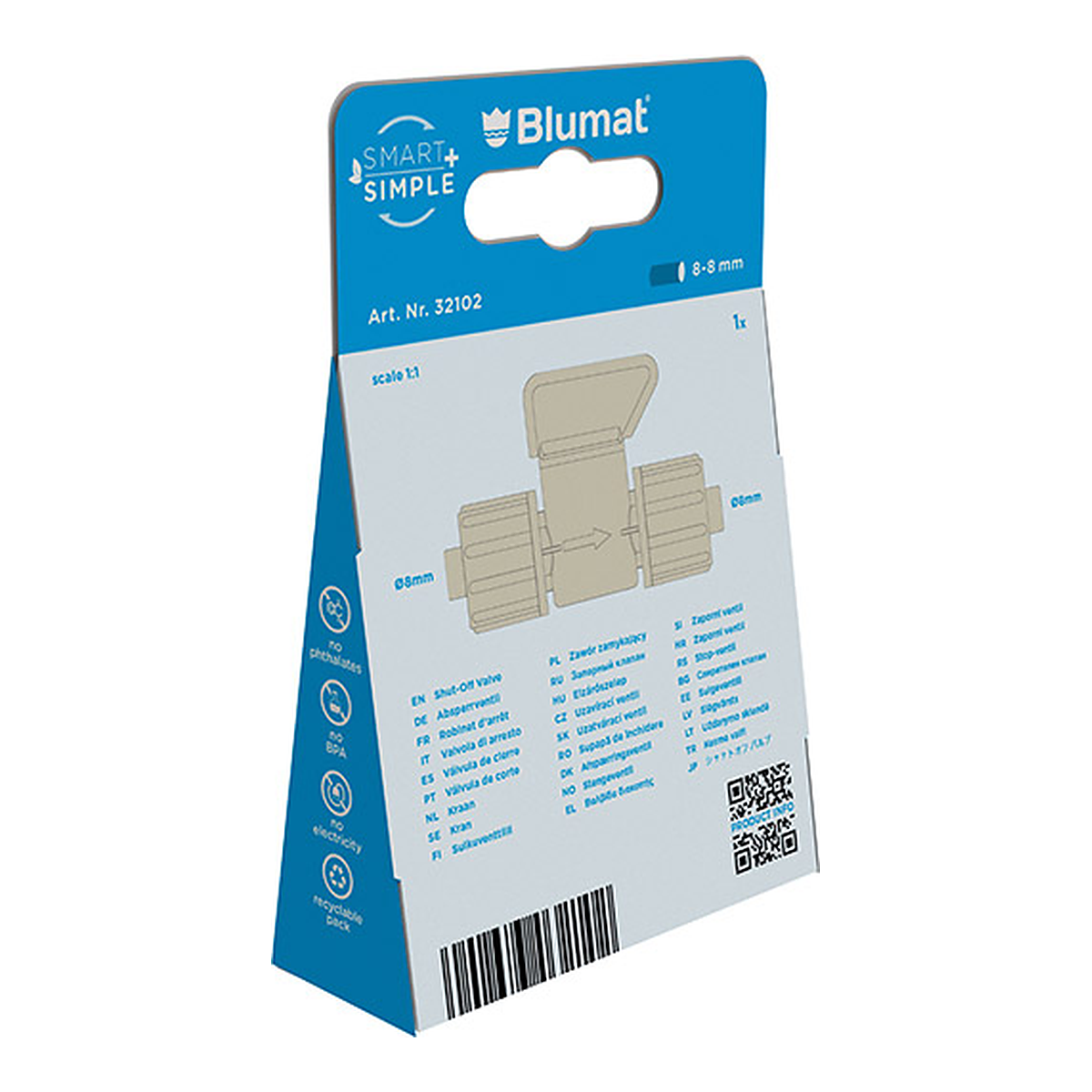 Válvula de corte Blumat, vista de las conexiones de 8 mm