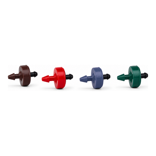 Goteros PCJ autocompensantes de 2, 4 y 8 l/h en rojo, gris y verde