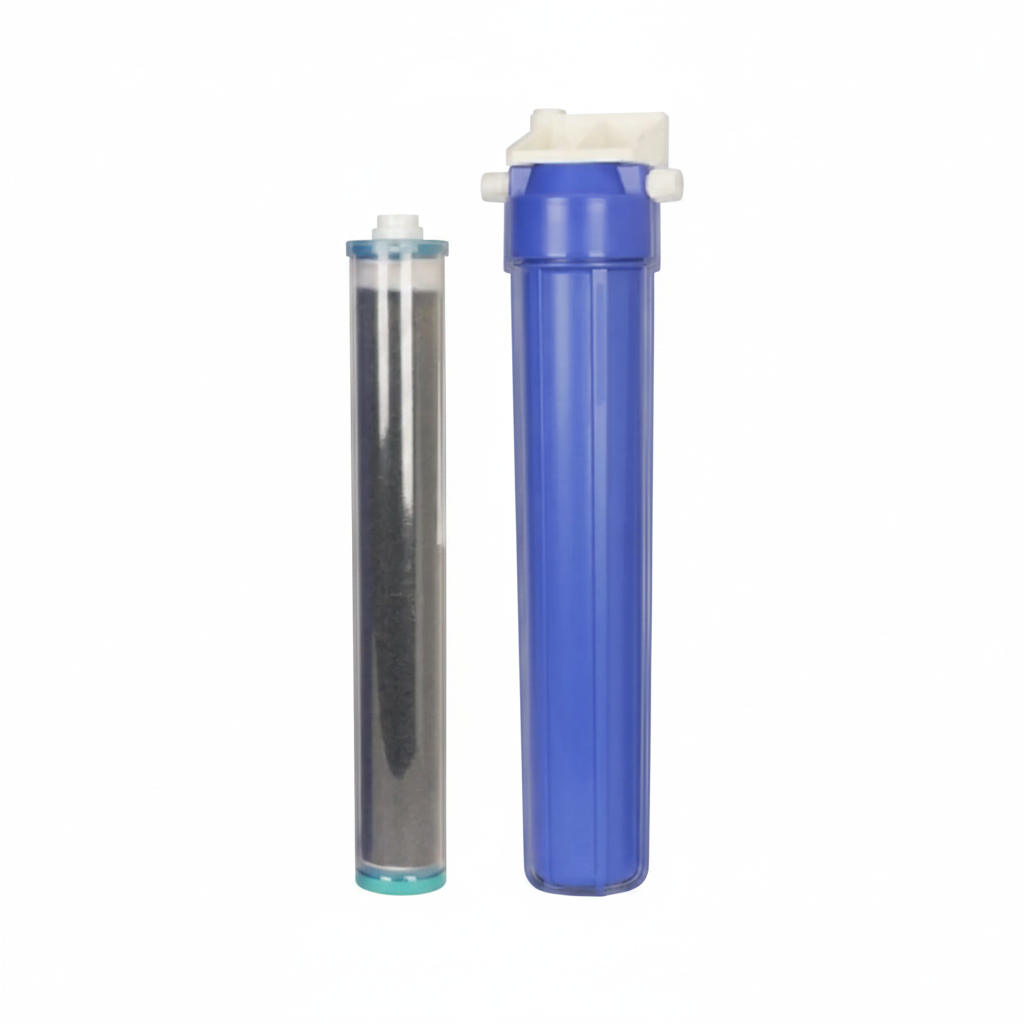 Detalle del cartucho de resina de intercambio iónico del kit de desionización Growmax Water 10" (ref. 422111). Imagen compartida con la versión de 20" (ref. 422112).