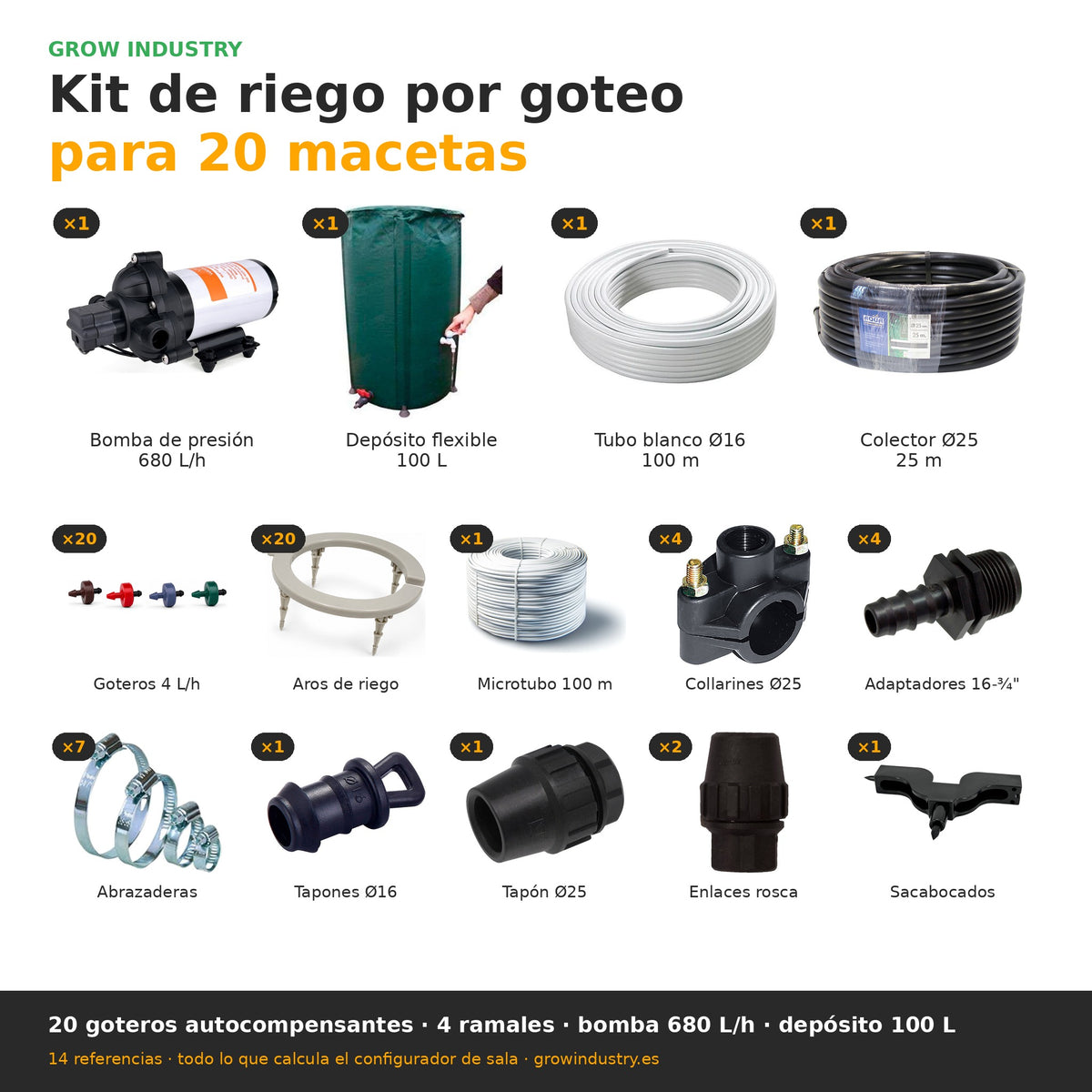 Kit de riego por goteo para 20 macetas: 20 goteros autocompensantes, aros, tubo de 16 y 25 mm, bomba de presión Water Master y depósito de 100 L