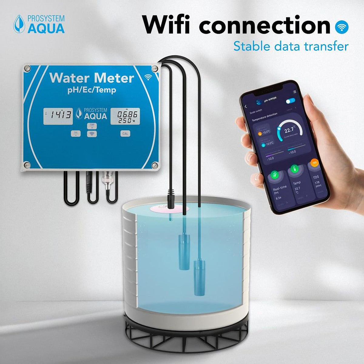 ProSystem Aqua Water Meter pH EC Temp WiFi, vista 2