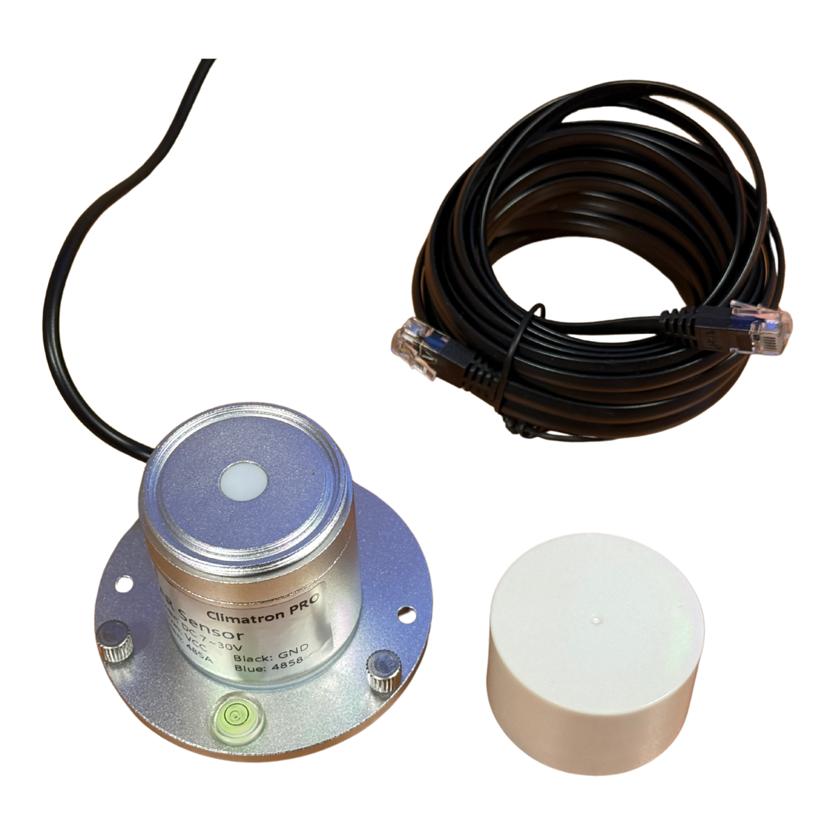 Componentes incluidos con el sensor PAR Meter VDL: splitter, cable RJ12 de 5 m y tornillos de nivelación