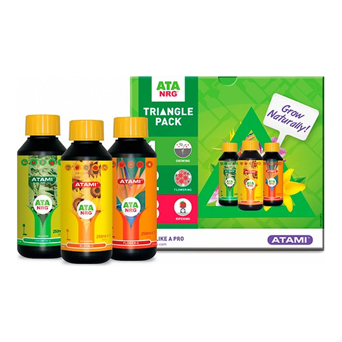 Atami Triangle Pack, kit de fertilizantes orgánicos ATA NRG (Growth c + bloom c + flower c)